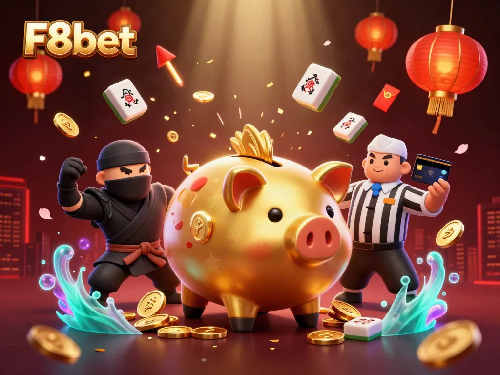 Experience vibrant gameplay with F8bet's colossal golden piggy bank and dynamic casino characters.