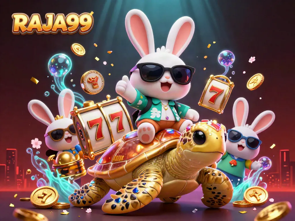 Engaging illustration of RAJA99 with a lucky rabbit and turtle among slot machines and festive elements.
