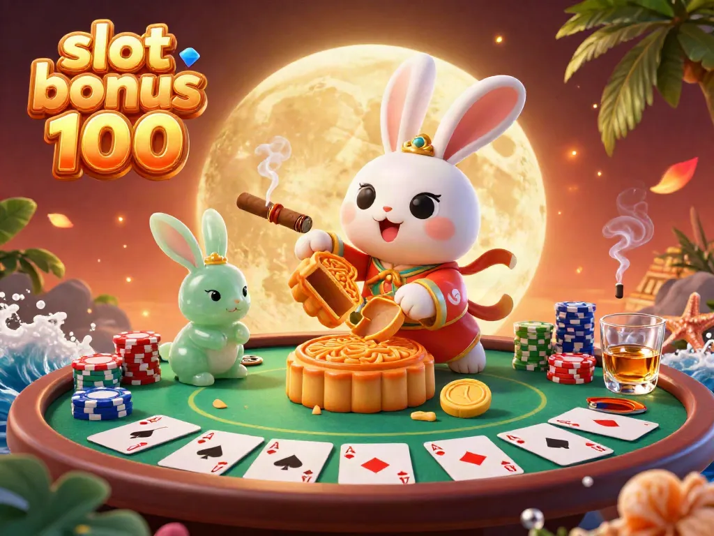 Enjoy an exciting atmosphere of gambling with the slot bonus 100 scene featuring a moon rabbit revealing poker chips.