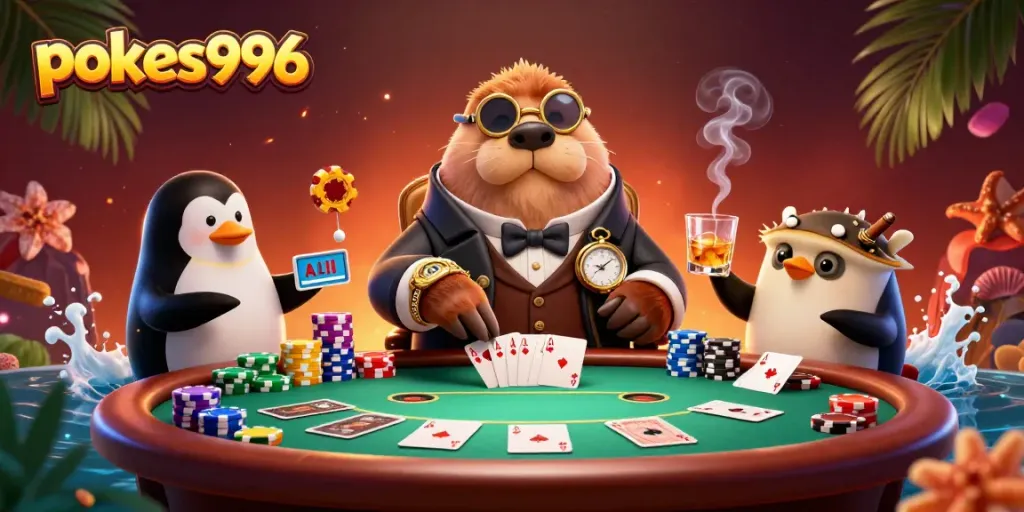Engage in thrilling gameplay with pokies996, featuring colorful poker action and charming underwater characters.