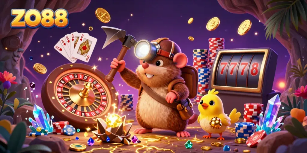 Experience a vibrant gaming adventure with ZO88, featuring a treasure-hunting mole, shimmering gems, and flying casino elements.