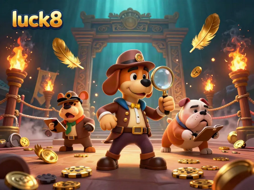 Engage in luck8's thrilling gaming world with a cartoon detective unraveling clues for treasure.