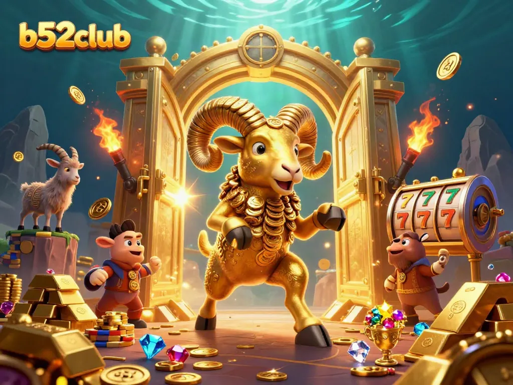 Experience the thrill of b52club with a golden ram charging through a treasure-filled casino scene.