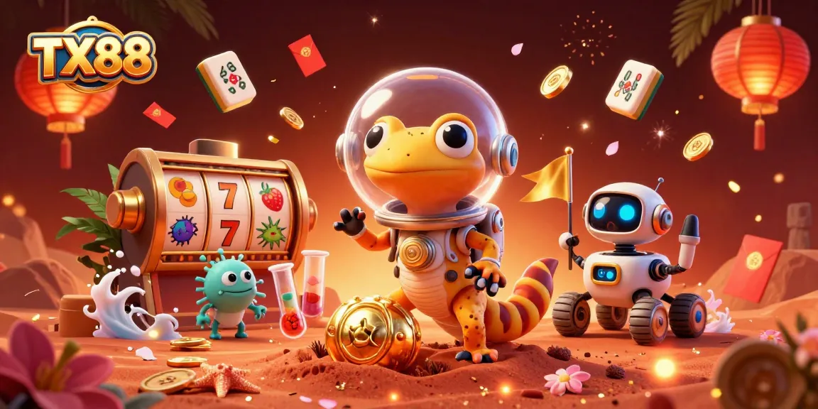 Engage in thrilling gameplay with TX88 at a vibrant casino, featuring animated slot reels and alien characters.