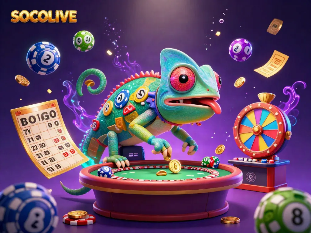 Experience the excitement of SOCOLIVE as a chameleon captures coins amidst vibrant casino elements.