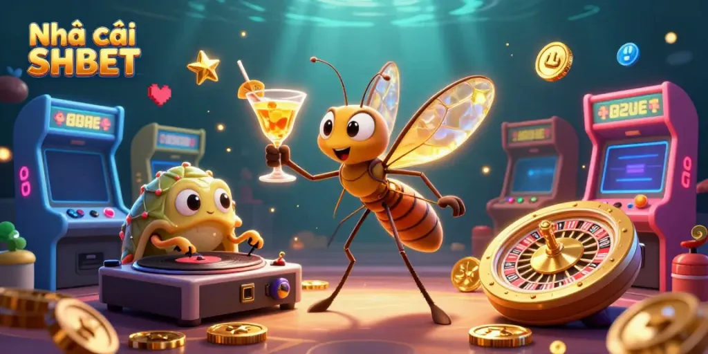 Experience vibrant gaming with Nhà cái SHBET showcased through dynamic characters in a colorful casino scene.