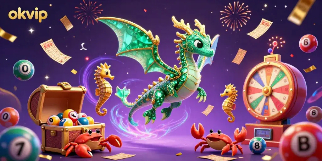 Engage with okvip's thrilling entertainment featuring a majestic sea dragon, colorful lottery balls, and gold prizes.