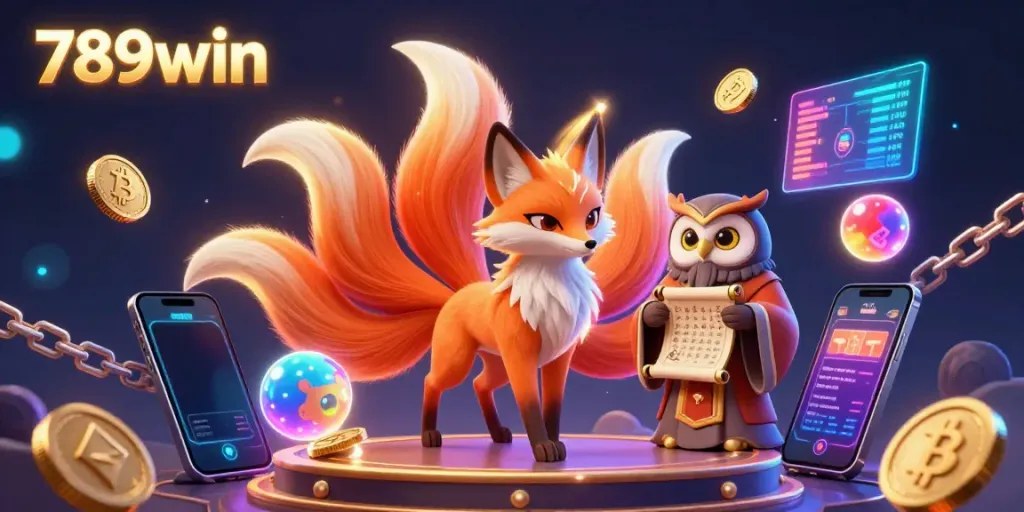 Experience thrilling gambling with 789win in a vibrant scene featuring a nine-tailed fox and crypto coins.