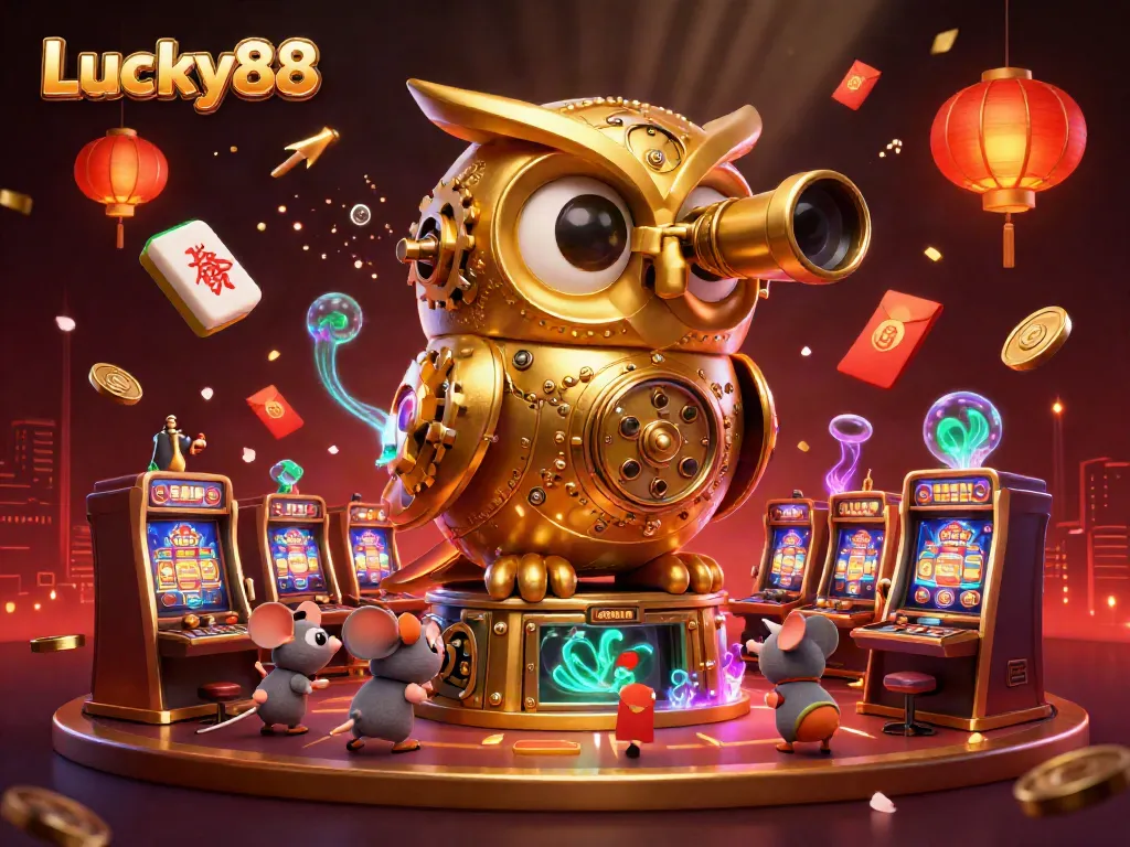 Spin the reels at Lucky88's vibrant casino, featuring gold-tinged characters and immersive game elements.
