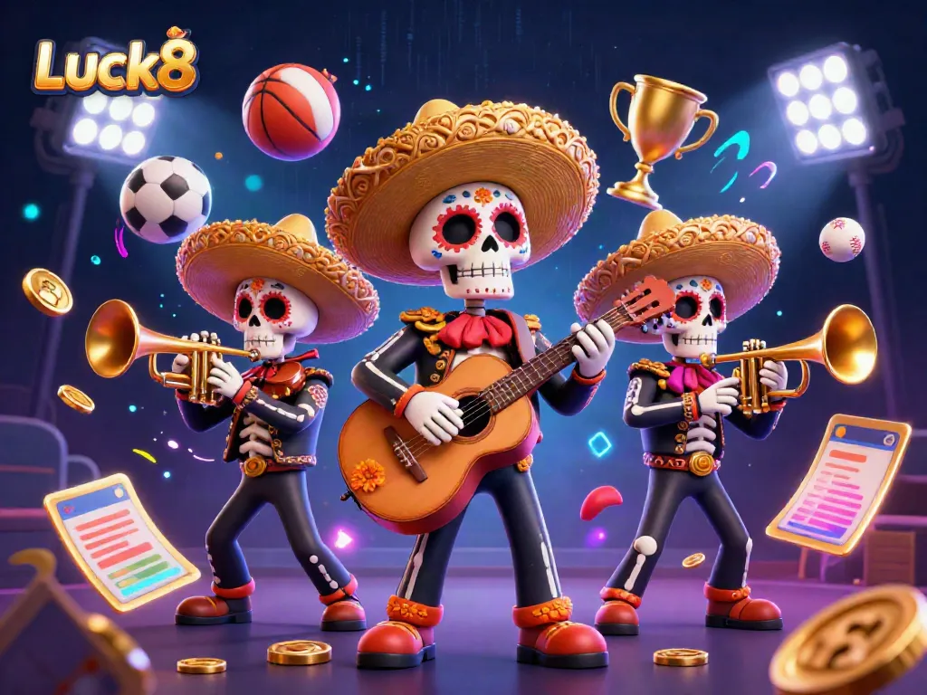 Luck8 showcases a vibrant scene with mariachi skeletons playing instruments in a rich casino atmosphere.