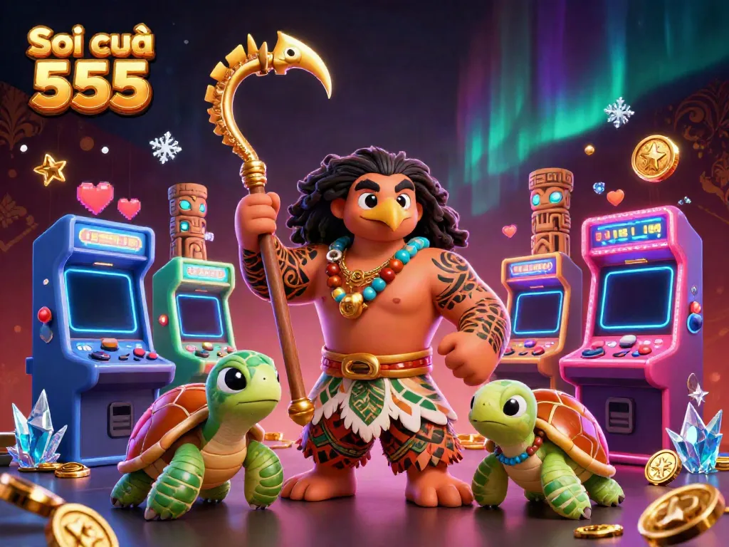 Soi cầu 555 showcases a vibrant 3D scene with Polynesian characters engaging in vibrant arcade gaming.