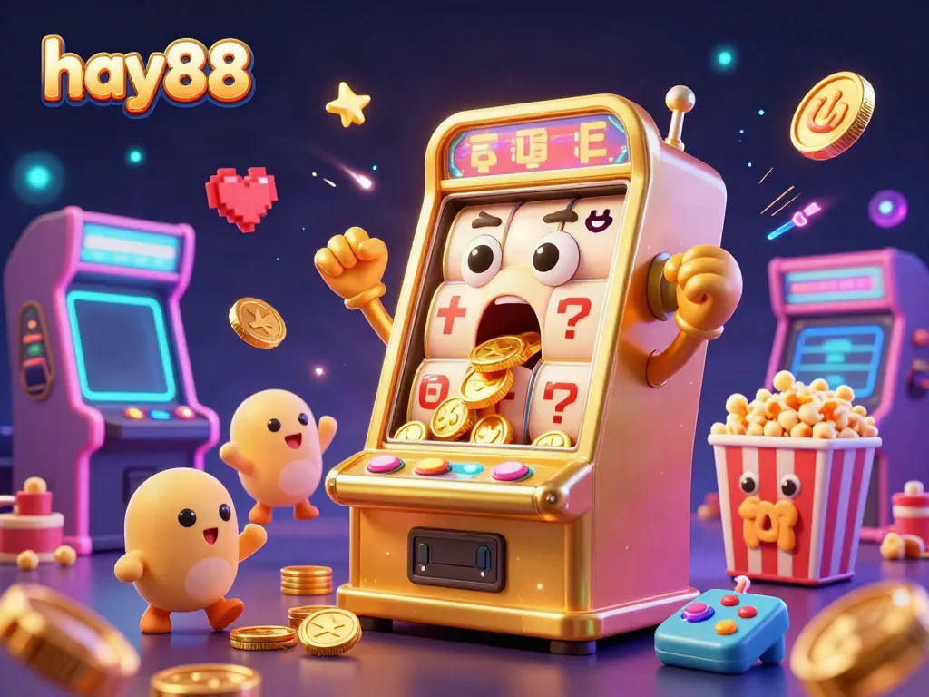 Experience the excitement of hay88 with a charming slot machine hitting a jackpot, surrounded by vibrant arcade elements.