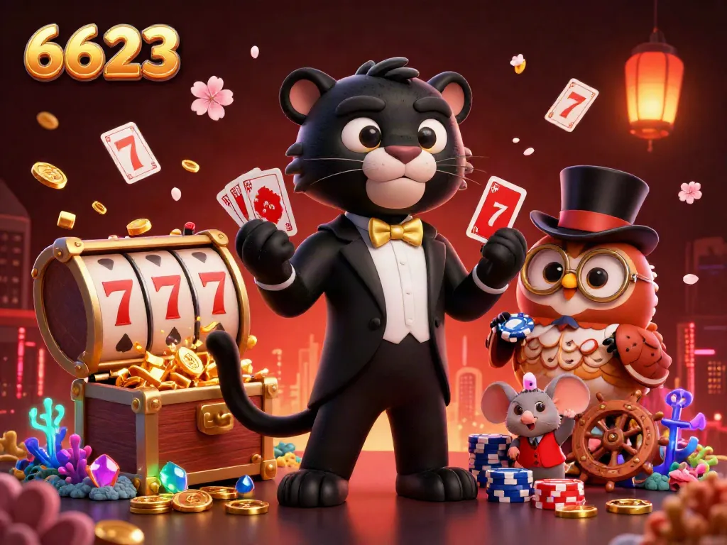 Experience the excitement of 6623 with a stylish panther dealing cards in a vibrant casino scene.