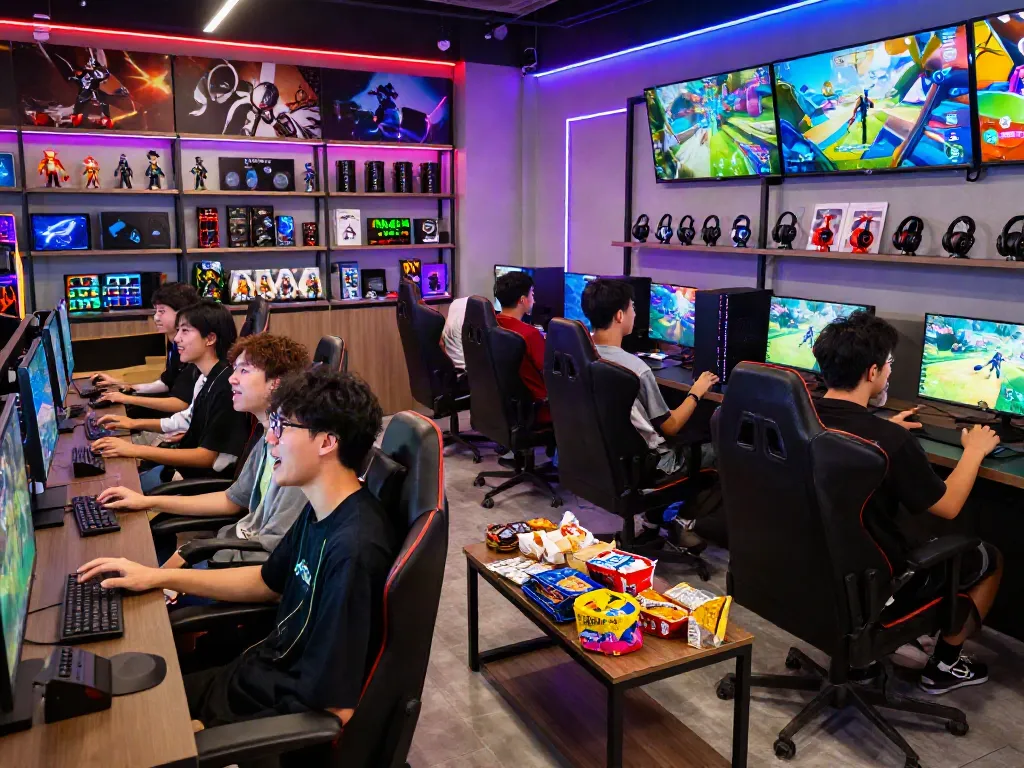 Friends engaged in gaming at a vibrant store showcasing warung168 merchandise.