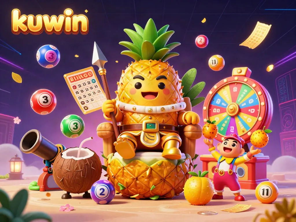 Kuwin showcases vibrant games with a golden pineapple king, dynamic lottery elements, and high-energy action.