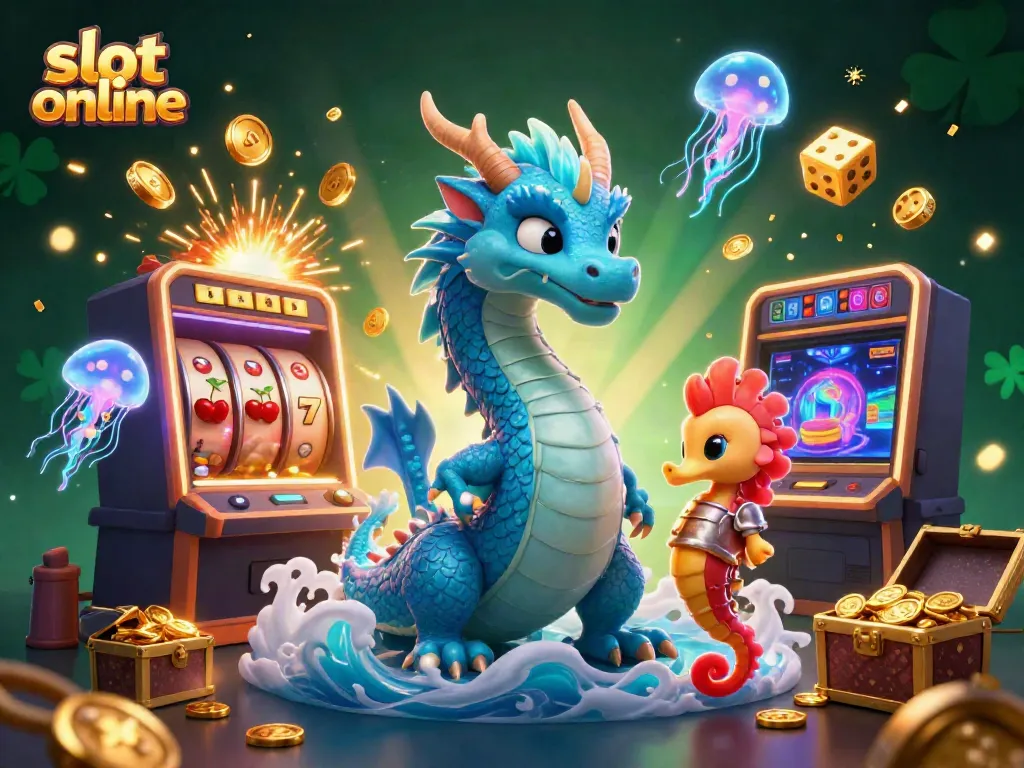 Experience thrilling slot online adventures with a dragon, a knight, and vibrant jellyfish in this colorful casino scene.
