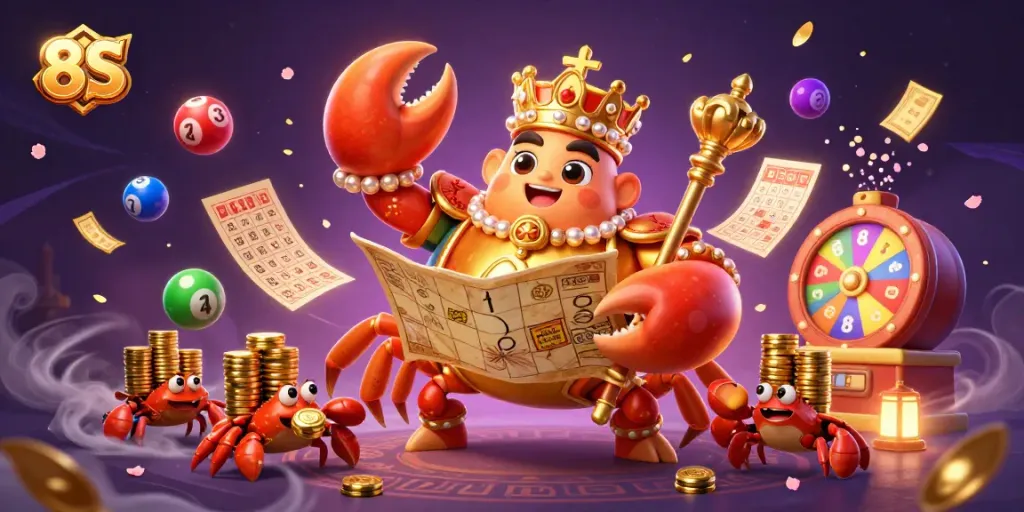 Engage in the 8S lottery experience with a colorful scene of a golden crab emperor and dynamic elements.
