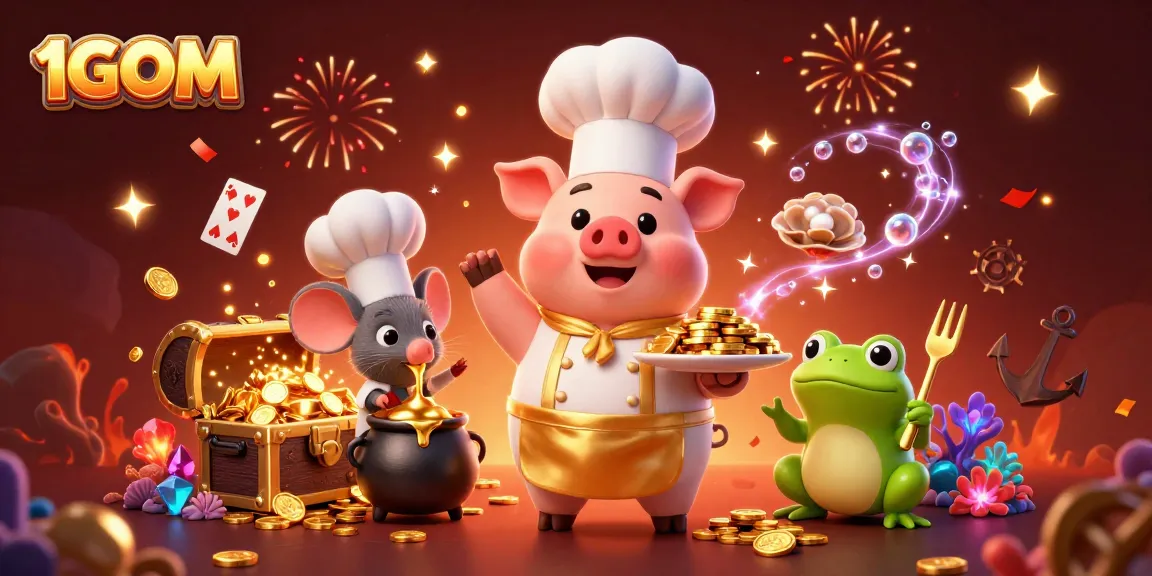 1GOM showcases a vibrant scene with cartoon characters celebrating a winning moment filled with gold coins and gaming elements.