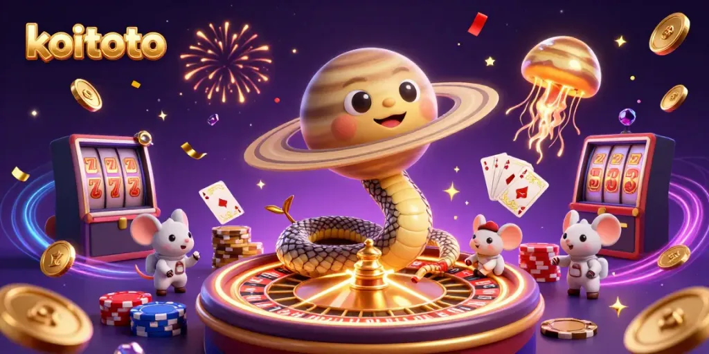 Koitoto menghadirkan ilustrasi kasino yang kaya dengan karakter 3D seperti ular Saturnus dan astronaut, merayakan suasana penuh keberuntungan.