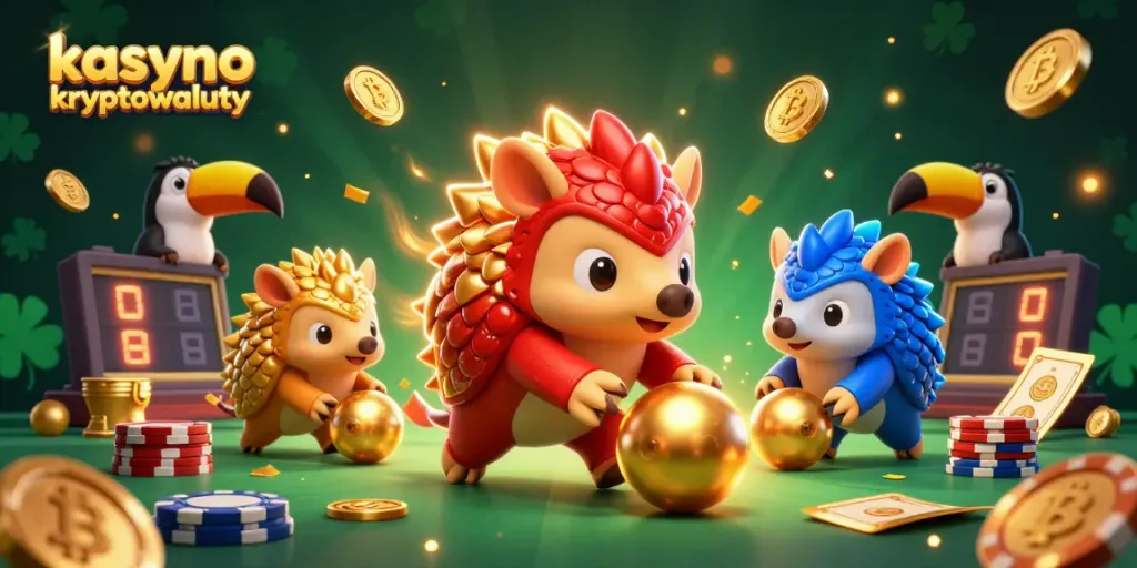 Engage with kasyno kryptowaluty featuring lively pangolins, Bitcoin coins, and thrilling gaming elements.