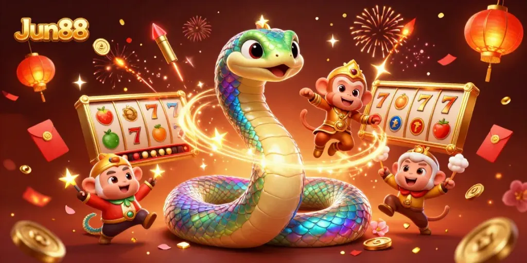 Giao diện Jun88 đầy màu sắc với rồng cầu vồng và khỉ trong bối cảnh sòng bạc