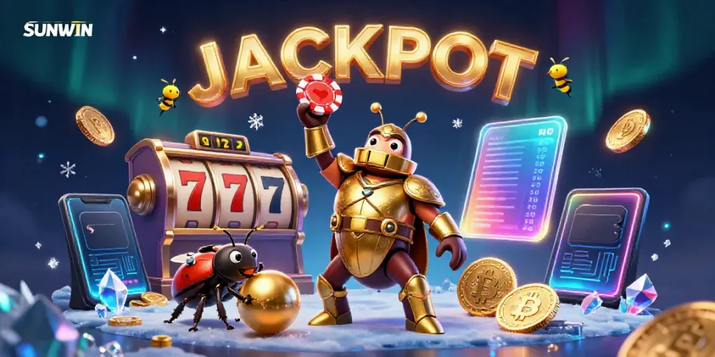 SUNWIN triumphantly celebrates a jackpot in a vibrant 3D casino scene with golden betting elements.