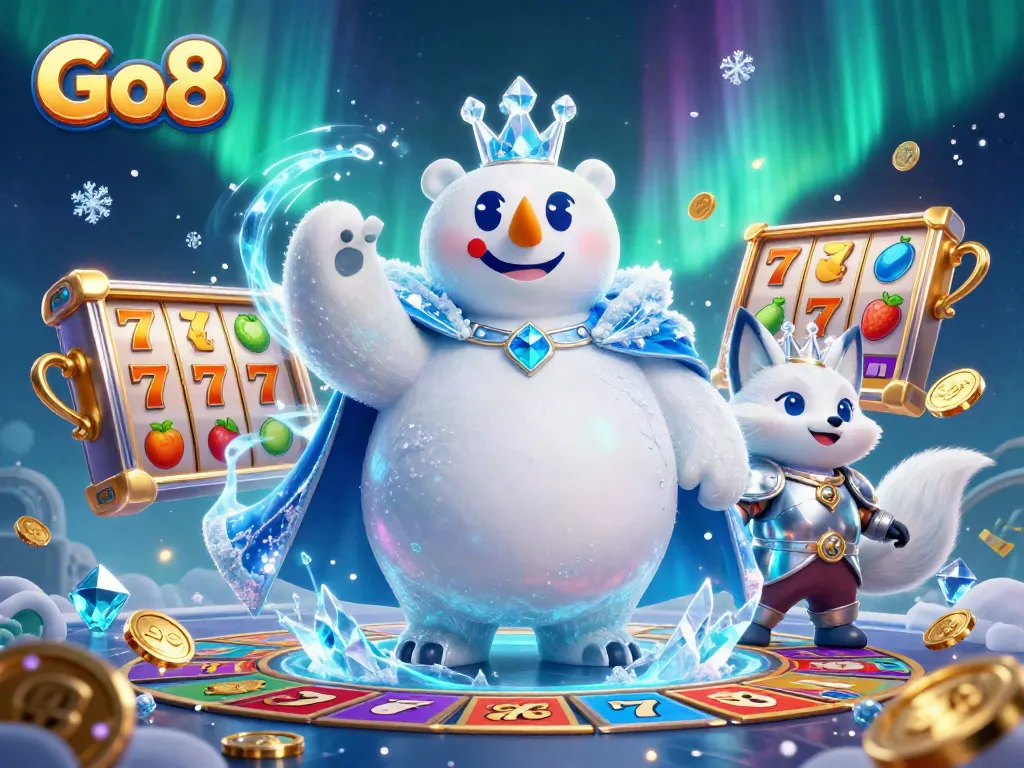 Go8 casino illustration featuring a polar bear and fox amidst jackpot reels and vibrant elements