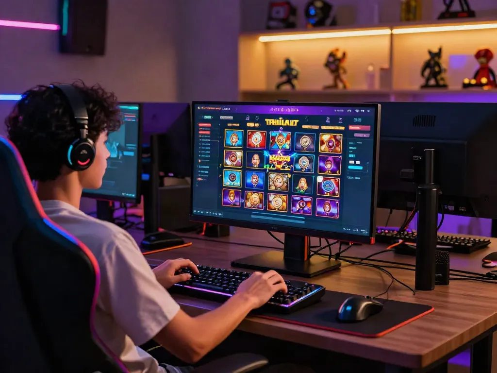 Gamer enjoying an online slot Thailand experience on a vibrant gaming interface, modern gaming setup.