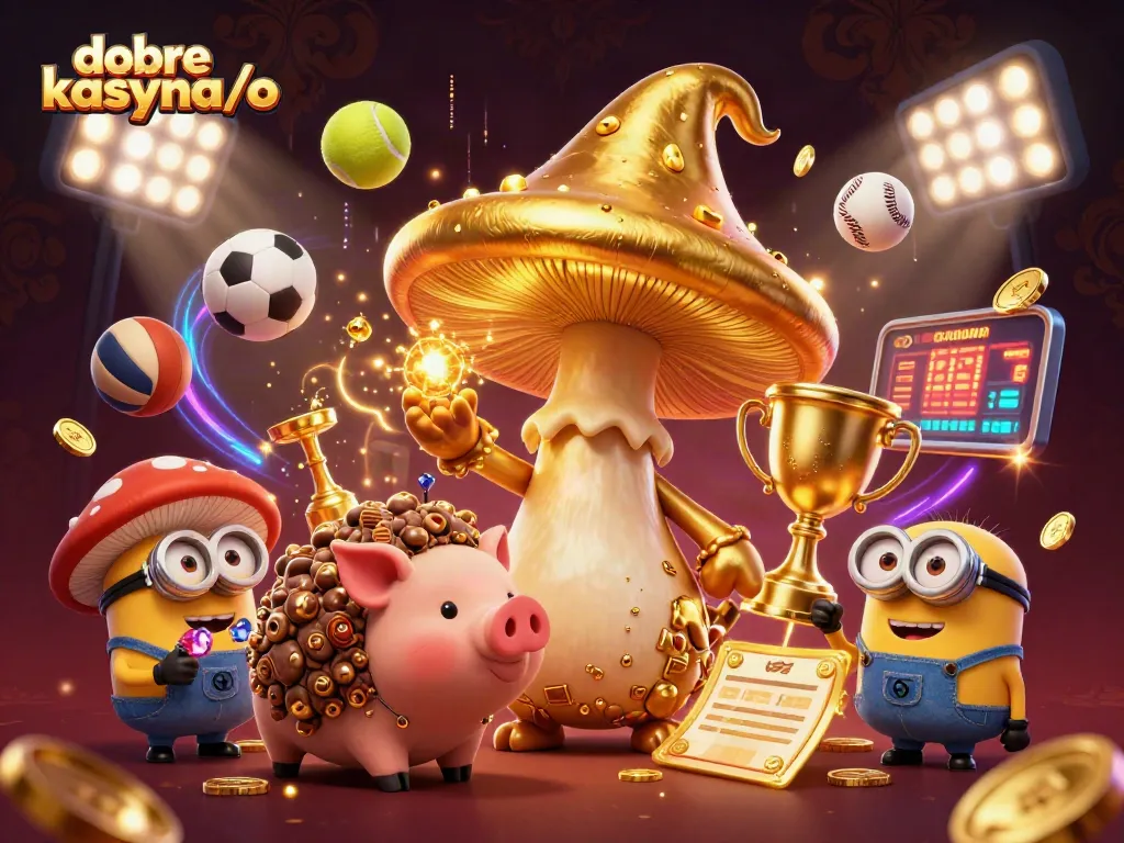 Experience the magic of dobre kasyna/o with a golden mushroom wizard, gold coins, and sports elements.