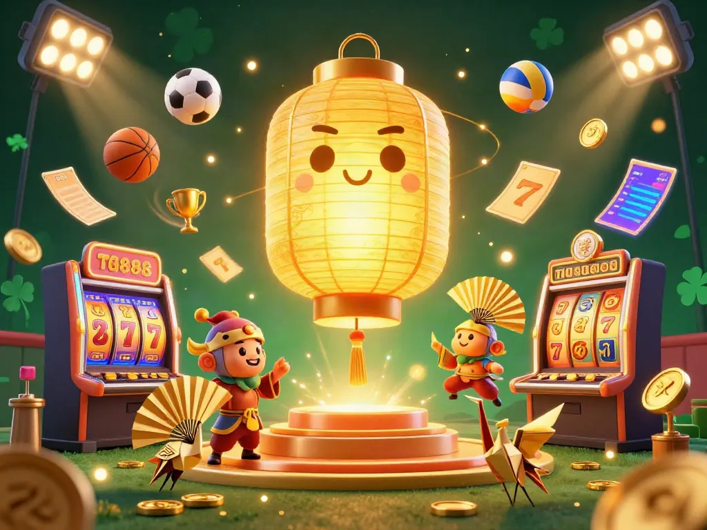 Tg88 offers an energetic online casino scene showcasing a golden lantern spirit amid vibrant slot machines and dynamic sports elements.