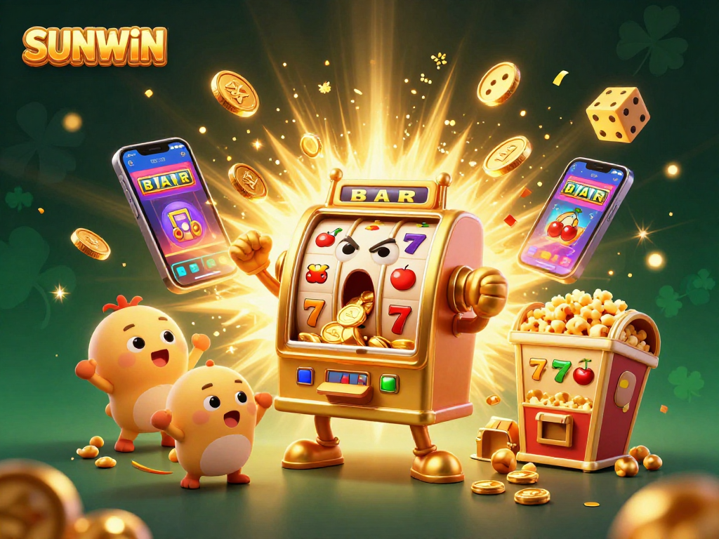 SUNWIN's thrilling golden slot machine celebrating a jackpot win, surrounded by cheering mini slots and festive elements.