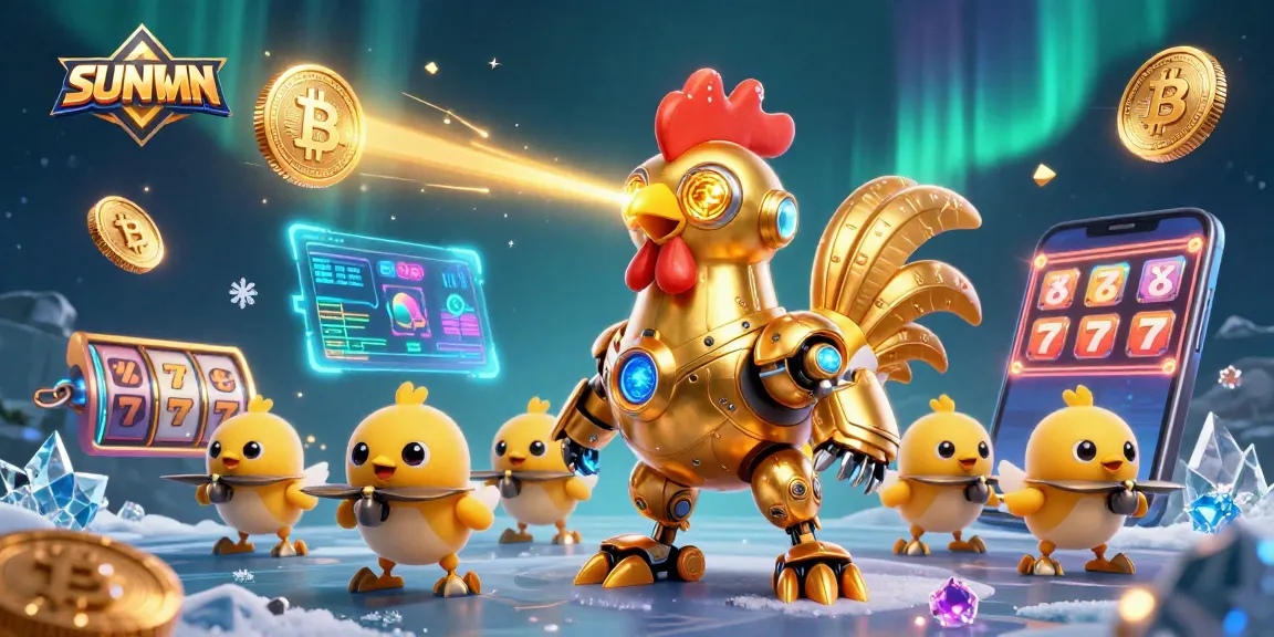 SUNWIN showcases a vibrant scene with a retro-futuristic rooster robot and crypto coins in a dynamic casino setting.