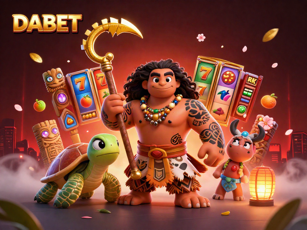 DABET reveals vibrant slot reels and lucky symbols amidst a lively gaming scene.