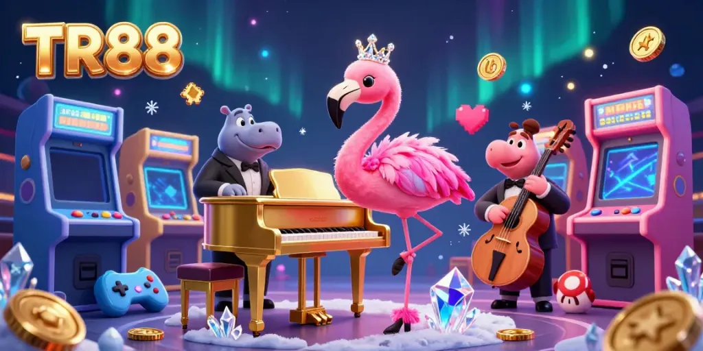 Engage with TR88 at a vibrant online casino featuring colorful characters and game elements.