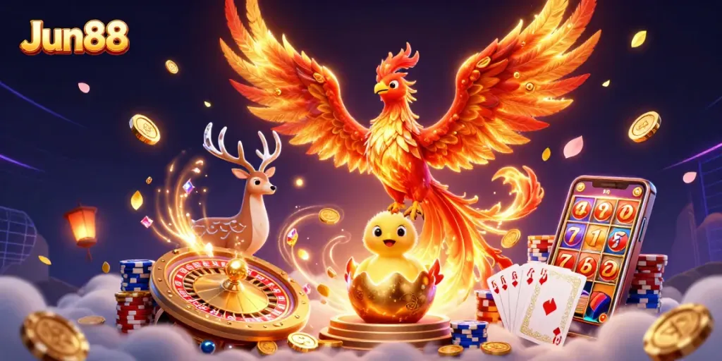 Soar with Jun88’s phoenix in a vibrant casino scene filled with winnings and luxury!