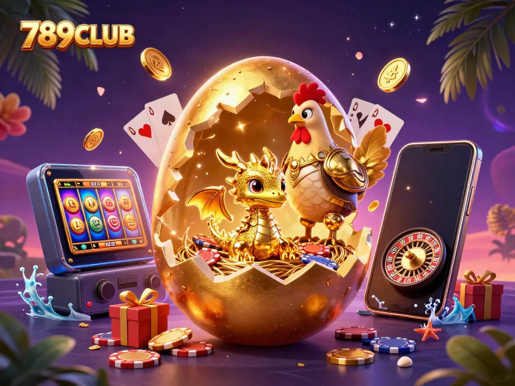Experience the exciting world of 789CLUB with a golden dragon amidst captivating casino elements.