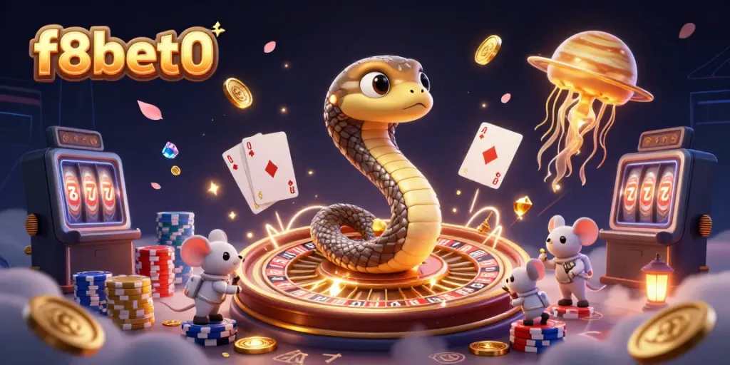Experience vibrant gambling action with f8bet0 amidst a cosmic scene of playful astronauts and a roulette snake.