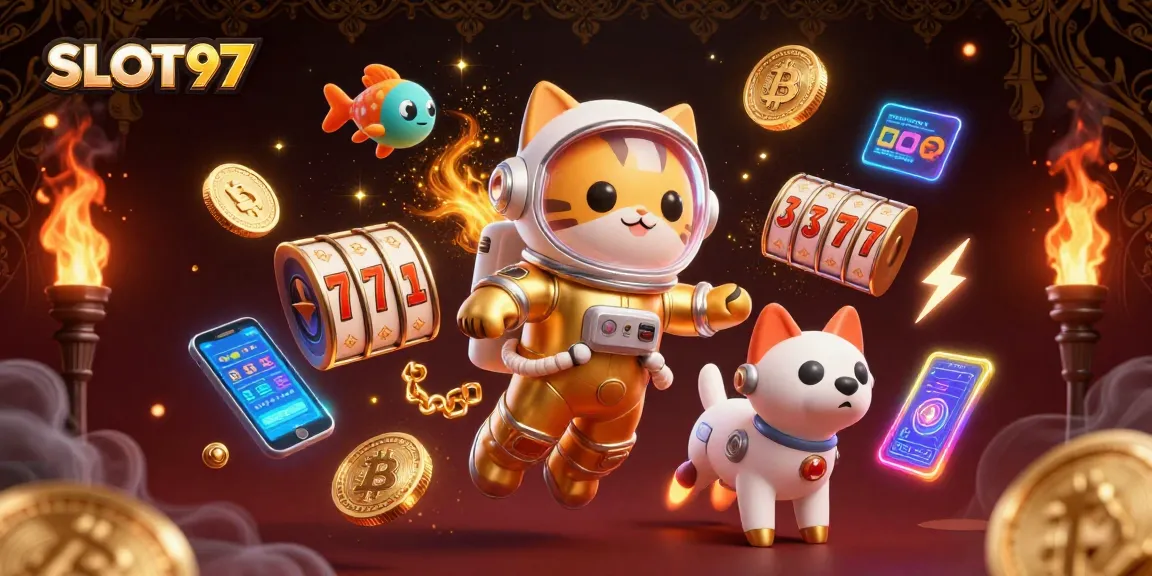 SLOT97 showcases a vibrant casino adventure with an astronaut cat and robot dog amidst slot game elements.