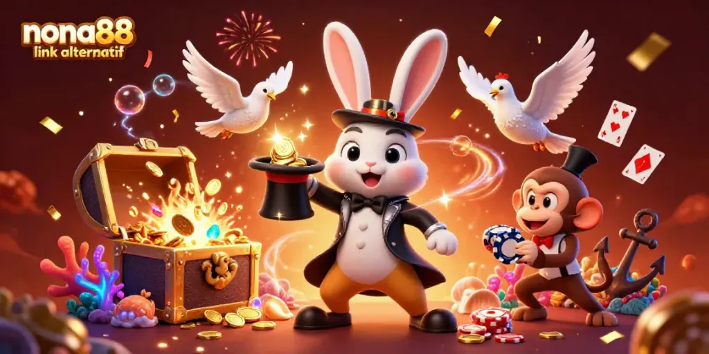 Experience the magic of nona88 link alternatif with a magician rabbit, sparkling coins, and casino thrills.