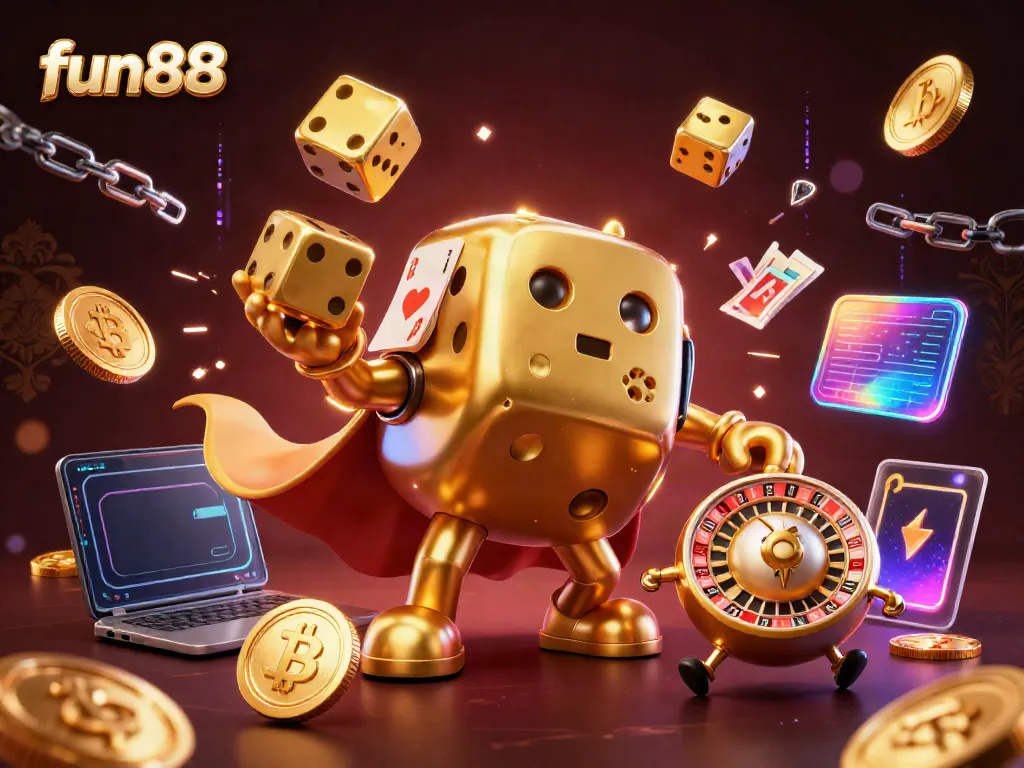 Experience fun88 gaming with a vibrant 3D scene of a golden dice golem and crypto elements.