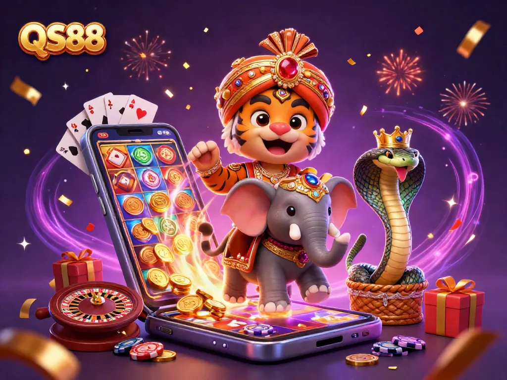 Experience the thrill of QS88 slots with vibrant characters and gambling elements in a dynamic scene.