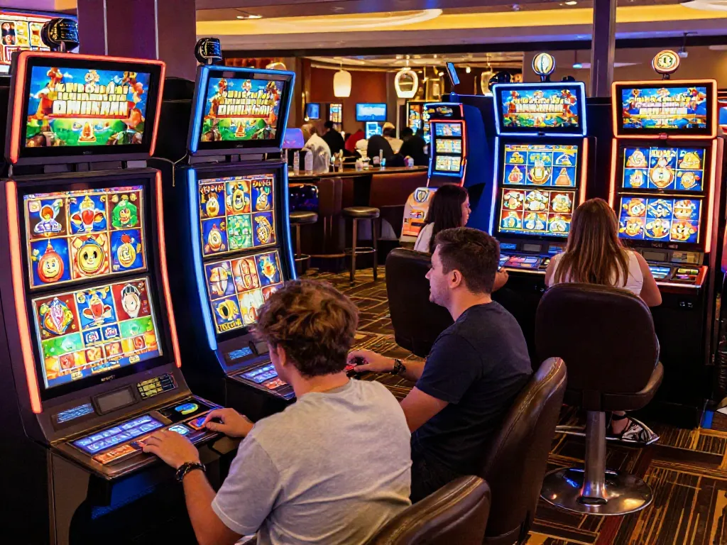 Exciting scene of players enjoying slot machines in a vibrant casino atmosphere.