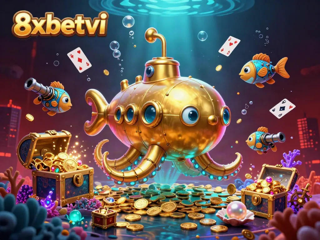 Experience thrilling gaming adventures with 8xbetvi's submarine and mechanical fish in a golden coin sea.
