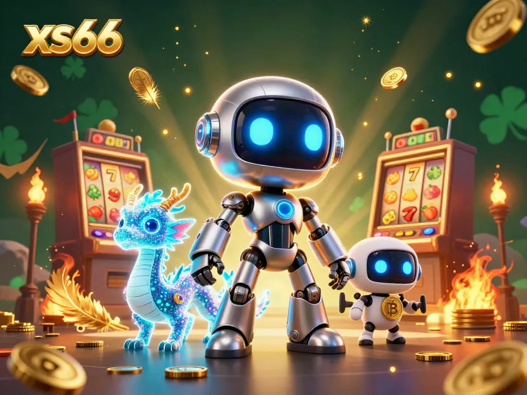 Engage in the vibrant world of xs66 casino gaming with our 3D cyberpunk robot mascot and rich elements, including a slot machine.