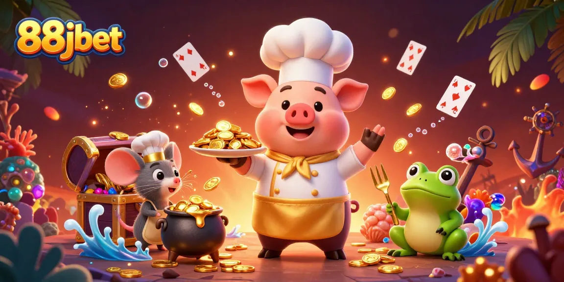 Engage in exciting action with 88jbet's vibrant casino-themed illustration featuring animated characters and gold treasures.