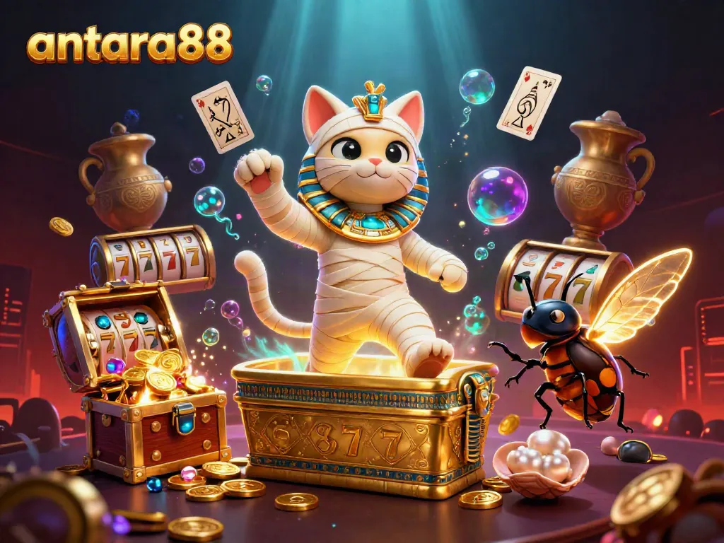 Experience the thrill of playing slots with antara88 in a vibrant, dynamic 3D casino scene.