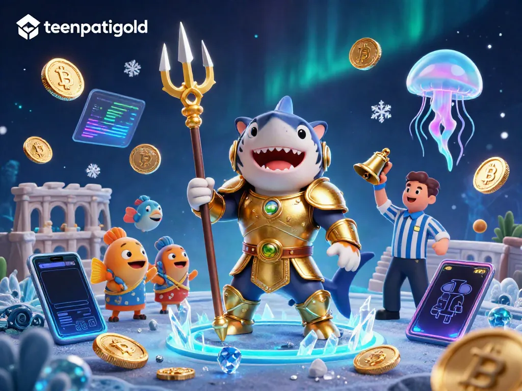 Enter the thrilling world of teenpatiigold with a 3D illustration of a shark gladiator and cheerful sea creatures in an underwater colosseum.