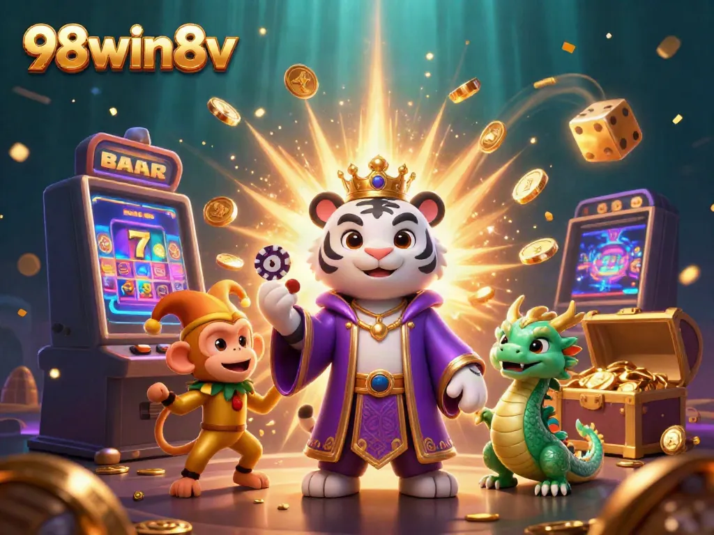 Engage in thrilling gameplay at 98win8v with a vibrant depiction of exciting casino elements and characters.