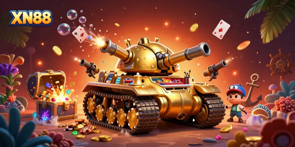Experience the excitement of XN88 casino in a vibrant underwater scene bursting with action and gold.