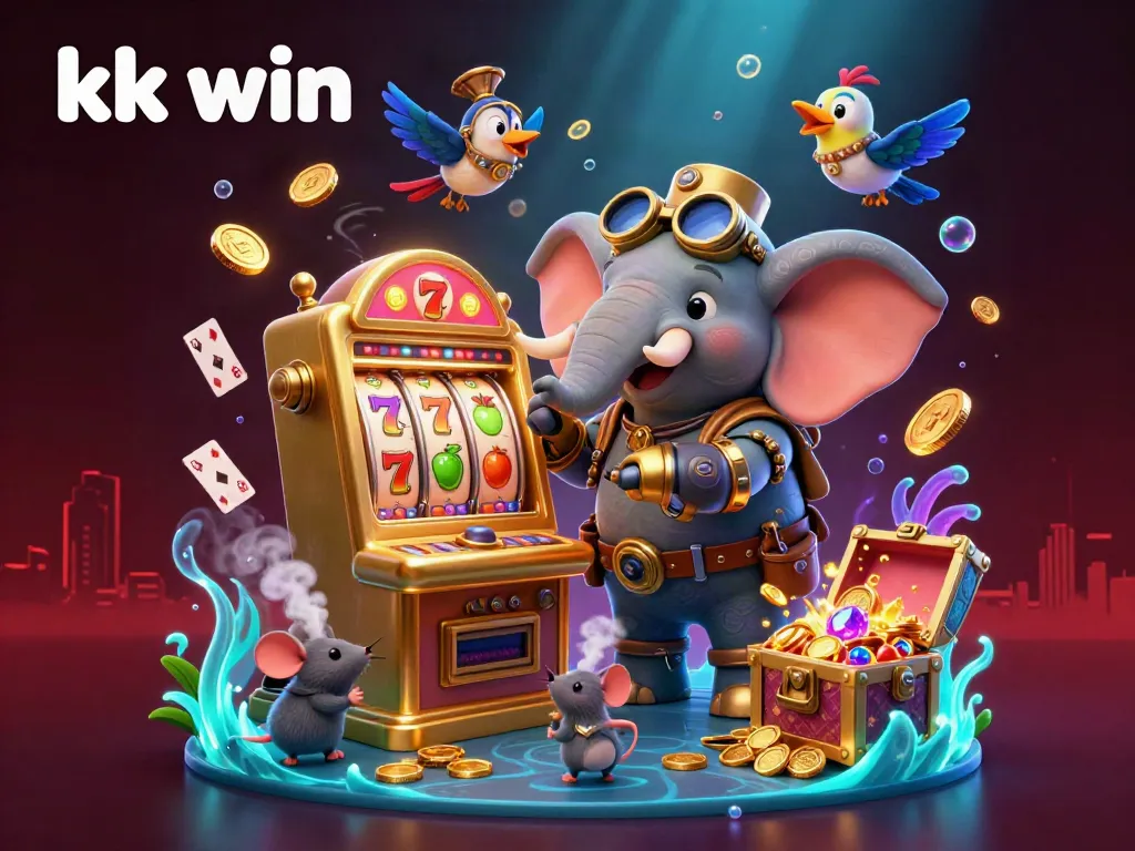 Experience the excitement of kk win with a steampunk elephant engineer operating a vibrant slot machine, surrounded by playful game elements.
